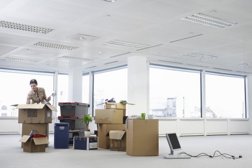 Removalists handling packed boxes and household items
