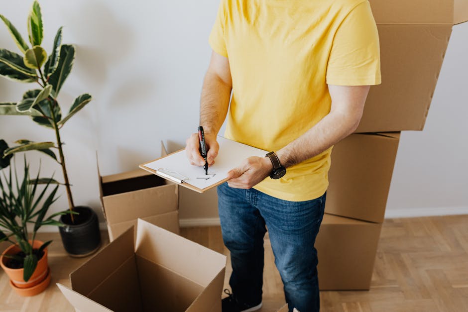 A man wearing a yellow T-shirt and blue jeans is standing in a room during a home relocation process, holding a clipboard with a pen and making notes. Behind him, there are several cardboard moving boxes, some open and some sealed, arranged on a light wooden floor. To his left, there is a tall potted plant with green leaves positioned against a white wall. The scene appears to be inside a residential property, with the boxes ready for packing or unpacking, indicating the early stages of furniture transport and moving logistics facilitated by Man and Van Camberwell. The image captures the packing and moving process in a professional and neutral environment, emphasizing careful planning and organization crucial to house removals and business relocations.