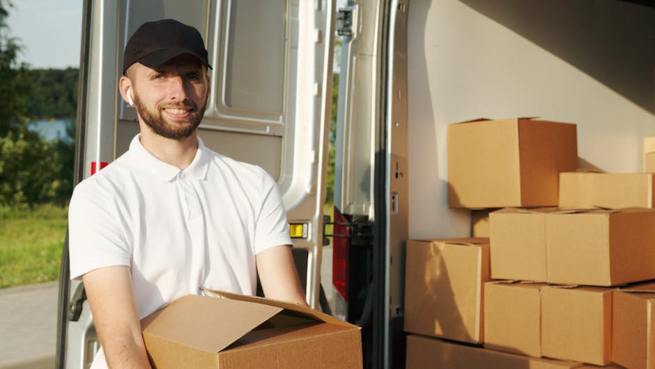 A smiling man wearing a white polo shirt and a black cap is standing outside next to an open moving van, holding a cardboard box. The van is filled with neatly packed cardboard boxes, some stacked on top of each other, prepared for home relocation. The background features a lush green landscape with trees and a body of water, indicating a suburban or rural setting. The loading area is on the pavement, and the scene is well-lit with natural daylight. The image captures the process of furniture transport and packing and moving logistics, reflecting professional removals services provided by Man and Van Camberwell as part of their house removals operations.